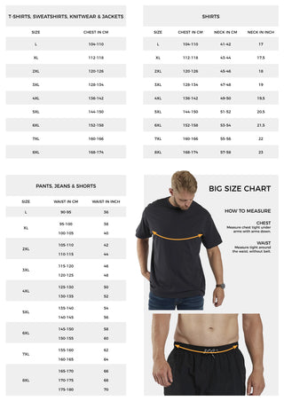 Størrelsesguide for herretøj i store størrelser med måleskemaer for t-shirts, sweatshirts, skjorter, bukser og shorts samt billeder, der viser hvordan man måler bryst og talje korrekt.