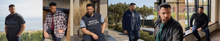 Fem billeder af mand i forskellige casual outfits: mørk t-shirt ved kysten, ternet skjorte, poloshirt med "North Latitude", mørk jakke med hætte udendørs og sort overshirt indendørs.
