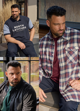 Tre billeder af mand i forskellige outfits: poloshirt med "North Latitude"-tekst, ternet flannel-skjorte og sort overshirt – alle i casual stil og fotograferet i naturlige omgivelser